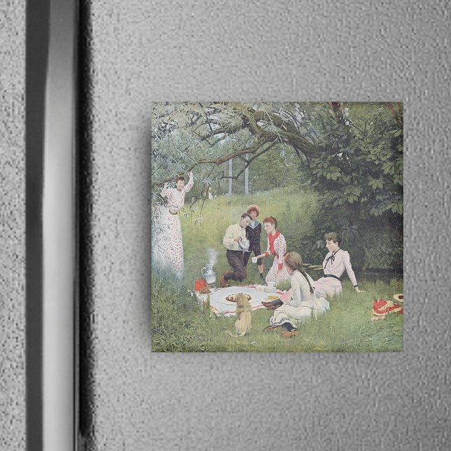 Viktorianisch Picnic Magnet (Vintage image of Victorian family out in woods with dog for family picnic on square magnet.)