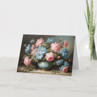 Viktorianisch rosa, blaue Blumen in Vase Still Lif