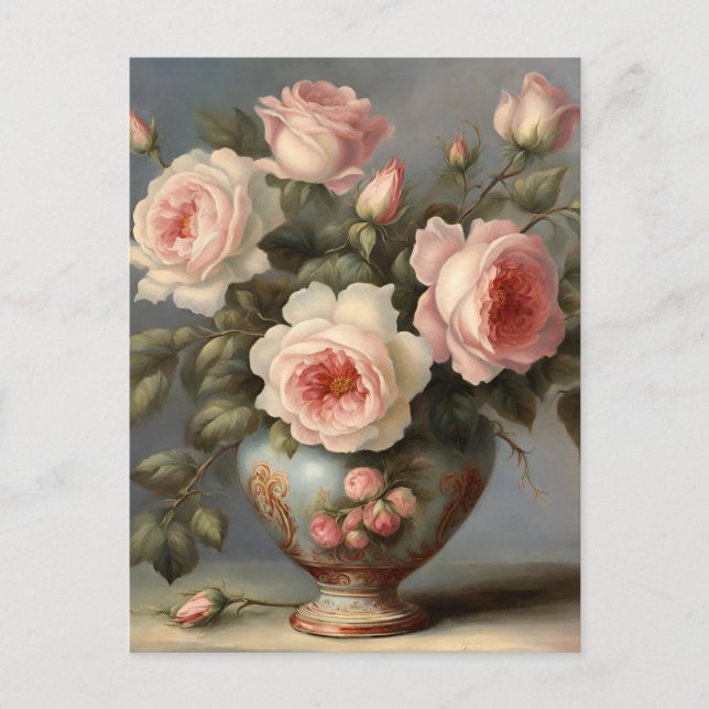 Viktorianisch rosa Rosen in einer Vase Postkarte (Vorderseite)