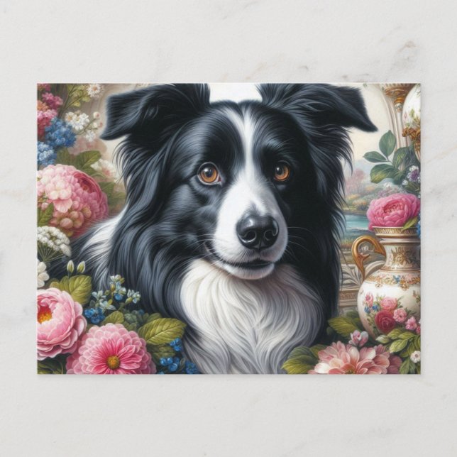 Viktorianisch rosa Roses Border Collie Postkarte (Vorderseite)