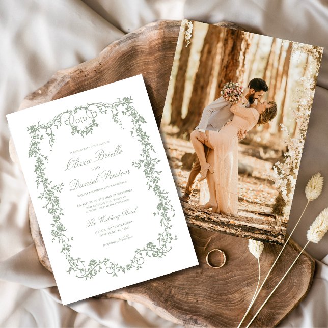 Viktorianisch Sage Green Foto Monogram Wedding Einladung (Von Creator hochgeladen)