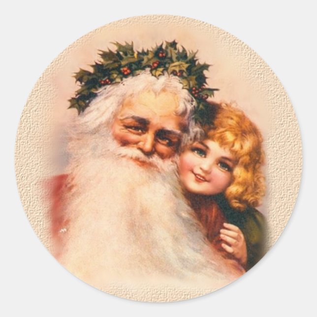 Viktorianisch Santa and Girl Runder Aufkleber (Vorderseite)