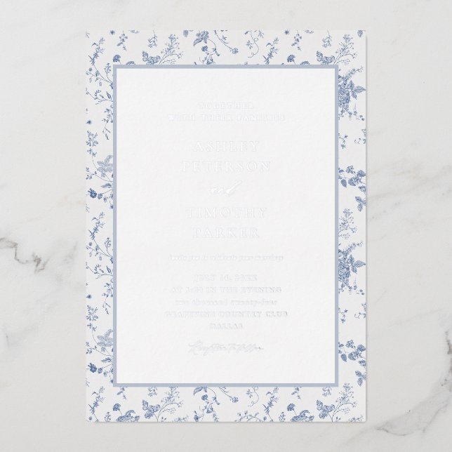 Viktorianisch Toile French Blue Classic Folieneinladung (Vorderseite)