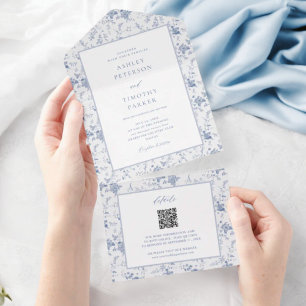 Viktorianisch Toile Vintag Blue Floral Wedding All In One Einladung