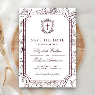 Viktorianisch Weiß und Burgunder Katholische Hochz Save The Date