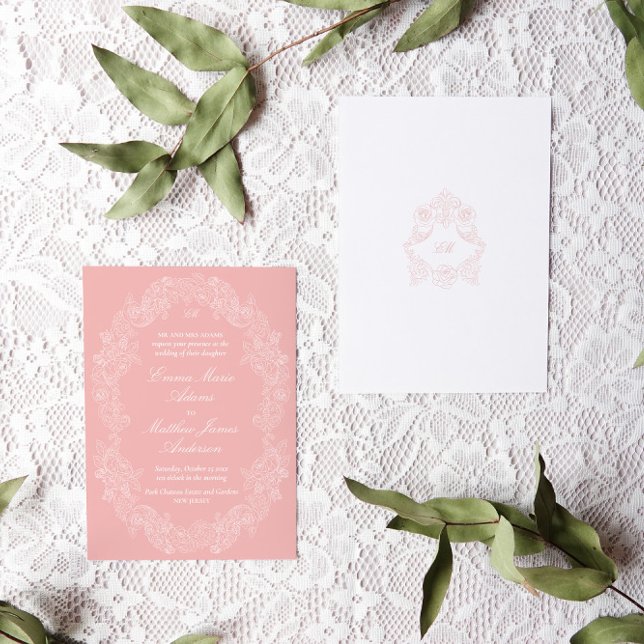 Viktorianische antike Hochzeit in Rosa Einladung (rococo blush pink wedding invitation with a delicate botanical frame illustration and monogram crest)
