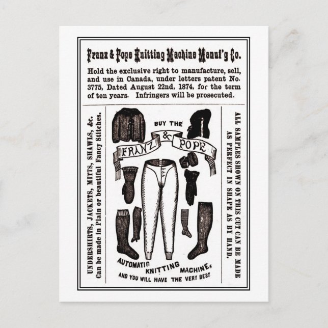 Viktorianische antike strickmaschine und postkarte (Vorderseite)