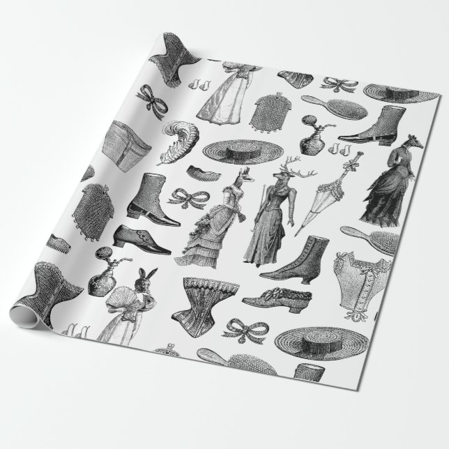 viktorianische antike Tiere, Schwarz-weiße Kleinti Geschenkpapier (Ungerollt)