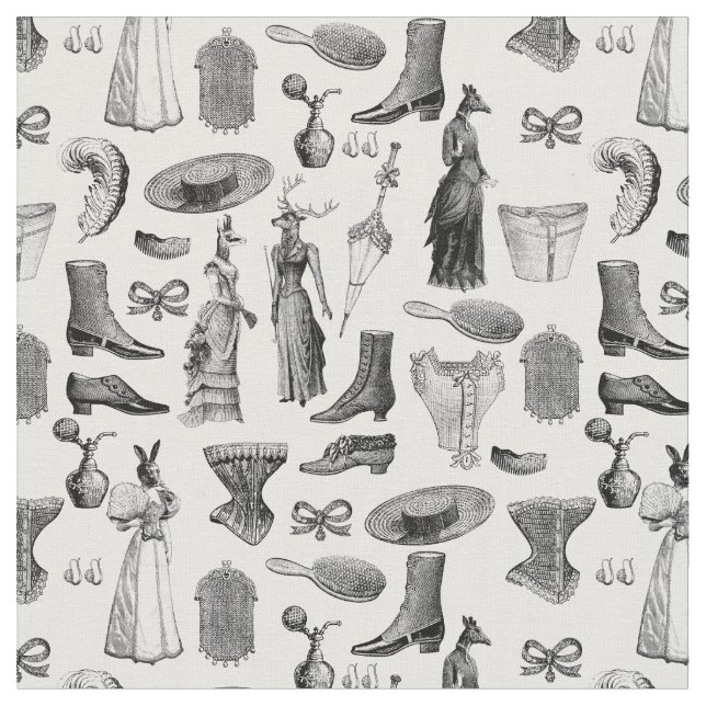 viktorianische antike Tiere, Schwarz-weiße Kleinti Stoff (Nahaufnahme)