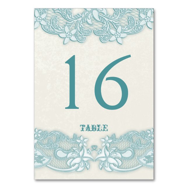 Viktorianische Aqua Lace Design White Table Card Tischnummer (Vorderseite)
