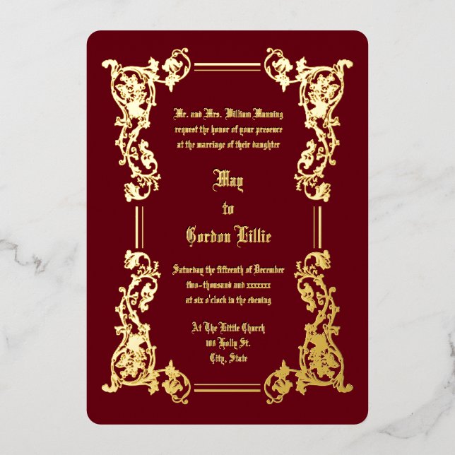 Viktorianische Ära 1851 Hochzeit an der feinen, bl Folieneinladung (Vorderseite)