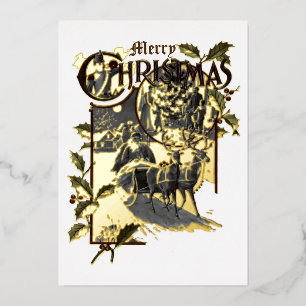 Viktorianische Ära 1899 Weihnachtsmann & Rentier Folien Feiertagskarte