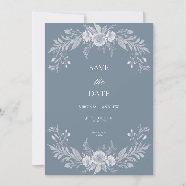 Viktorianische blaue Blumenhochzeit rettet das Dat Save The Date (Vorderseite)