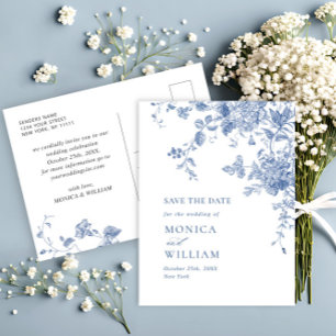 Viktorianische blaue Blumenhochzeit speichern das  Postkarte