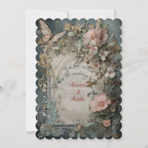 Viktorianische blaue und rosa Blumen und Schmetter Einladung