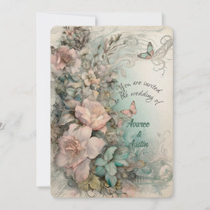 Viktorianische blaue und rosa Blumen und Schmetter Einladung