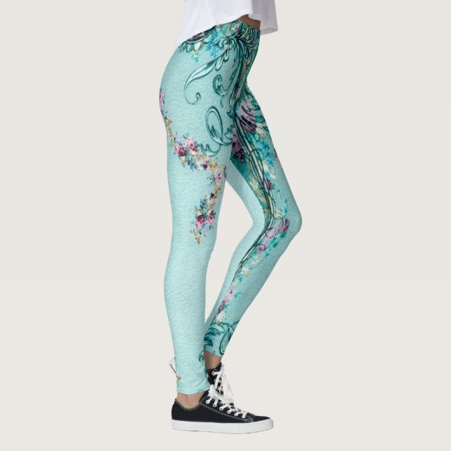 Viktorianische Blumenrolle elegant aquamarin lila  Leggings (Rechts)