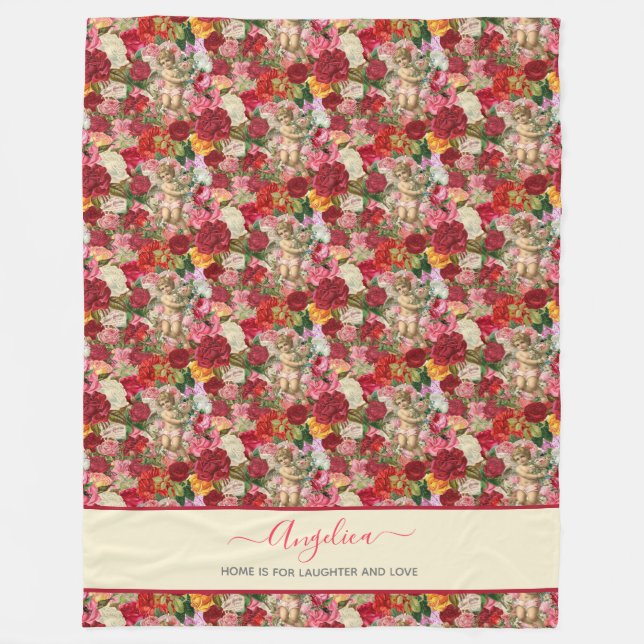 Viktorianische Cherubs und Rose Vintage Stilmuster Fleecedecke (Vorderseite)