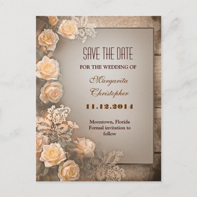 viktorianische Damast-Rose Save the Date Postkarte (Vorderseite)