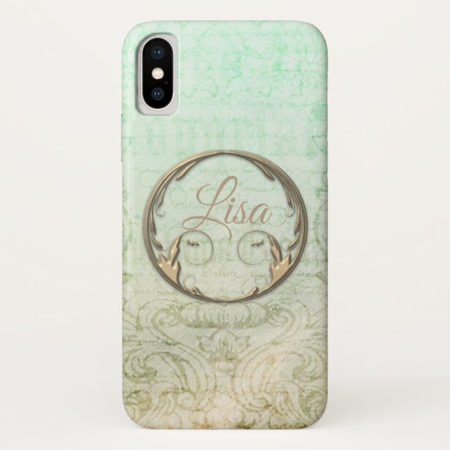 Viktorianische Damast-Schrift goldgrün elegant Case-Mate iPhone Hülle (Rückseite)