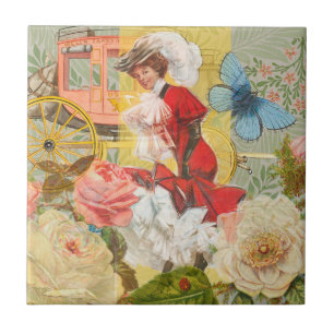 Viktorianische Dame Frau Elegant Reich Rot Illustr Fliese