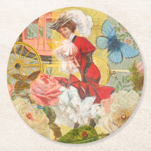 Viktorianische Dame Frau Elegant Reich Rot Illustr Runder Pappuntersetzer