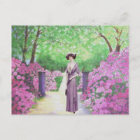 Viktorianische Dame in einem Rhododendron-Garten.