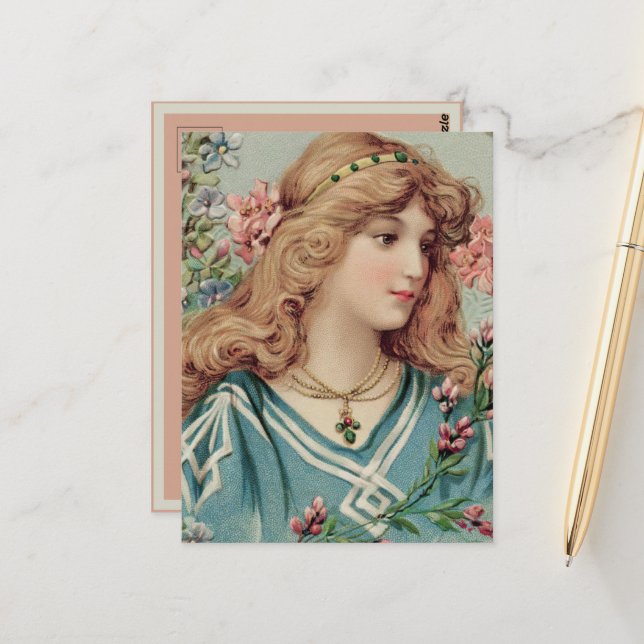 Viktorianische Dame mit rosa & blauen Blumen in ih Postkarte (Vorderseite/Rückseite Beispiel)