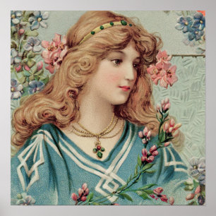 Viktorianische Dame mit rosa Blumen im Haar Poster
