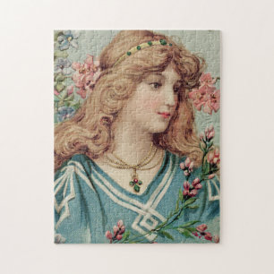 Viktorianische Dame mit rosa Blumen im Haar Puzzle