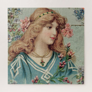 Viktorianische Dame mit rosa Blumen im Haar Puzzle