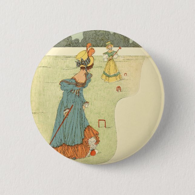 Viktorianische Damen Krocket Vintage Gartenparty Button (Vorderseite)