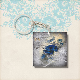 Viktorianische dunkelblaue Rosen-Ephemera Schlüsselanhänger
