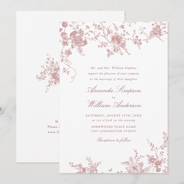 Viktorianische Dusty Blush Pink French Garden Wedd Einladung (Vorne/Hinten)
