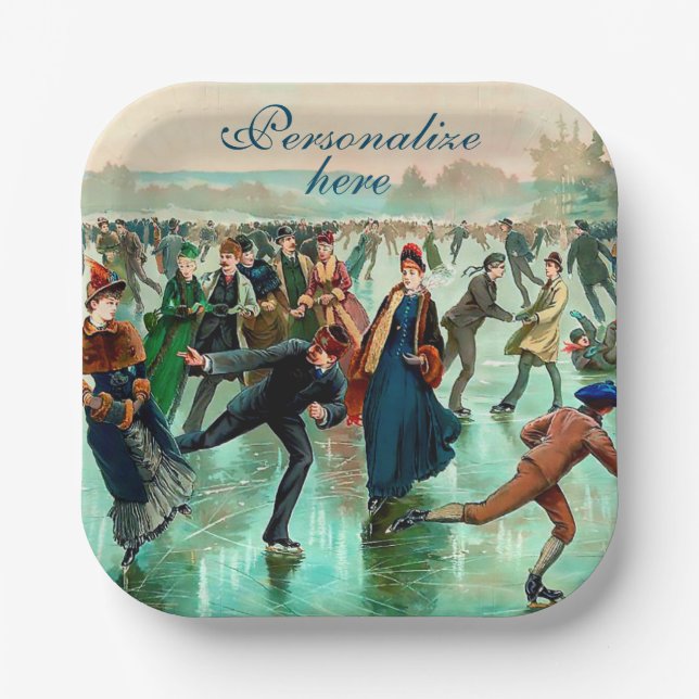 Viktorianische Eis Skaten Vintage Winterszene Pappteller (Vorderseite)