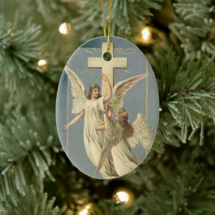 Viktorianische Engel mit Kreuz, Vintag Ostern Keramik Ornament