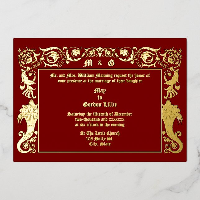 Viktorianische Epoche 1890 Cornucopias Foliage Folieneinladung (Vorderseite)