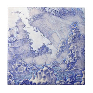 Viktorianische Era Fantasy Sea Tiles Blau und Weiß Fliese