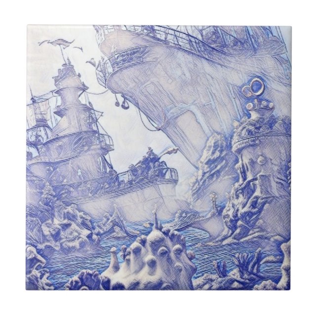 Viktorianische Era Fantasy Sea Tiles Blau und Weiß Fliese (Vorderseite)