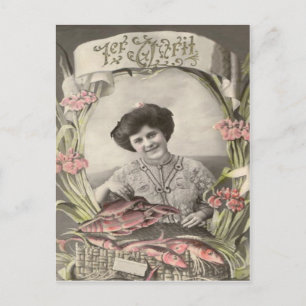 Viktorianische Frau Fisch Poisson d'avril Aprilsch Postkarte