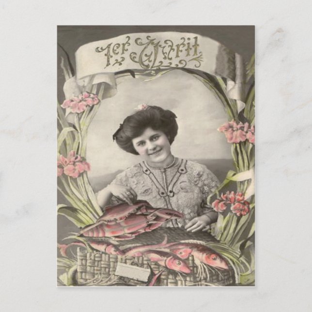 Viktorianische Frau Fisch Poisson d'avril Aprilsch Postkarte (Vorderseite)