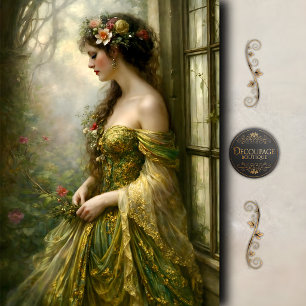Viktorianische Frau Grün Gold Eleganz Decoupage Seidenpapier