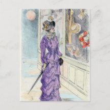 Viktorianische Frau im lila Kleid beim Schaufenste