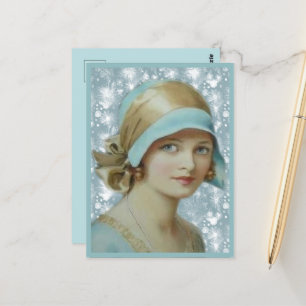 Viktorianische Frau in hellblauem Hut und Kleid Postkarte