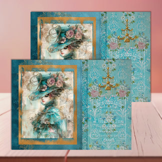 Viktorianische Frau in lebendigem Teal-Decoupage Seidenpapier