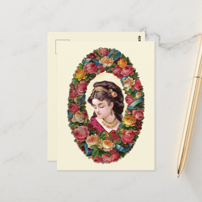 Viktorianische Frau Inside Multicolor Rose Kranz Postkarte (Vorderseite/Rückseite Beispiel)