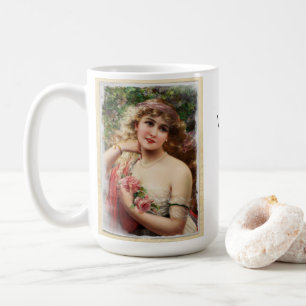 Viktorianische Frau mit rosa Rosen Kaffeetasse