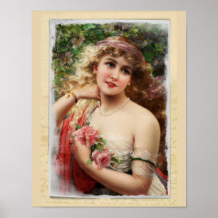 Viktorianische Frau mit rosa Rosen Romantisch Poster