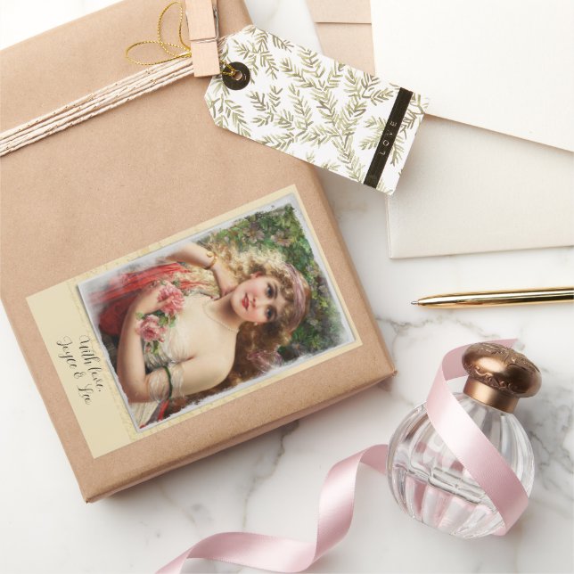 Viktorianische Frau mit rosa Rosen Romantische Ges Rechteckiger Aufkleber (Schenken)