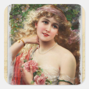 Viktorianische Frau mit rosa Rosenklebern Quadratischer Aufkleber